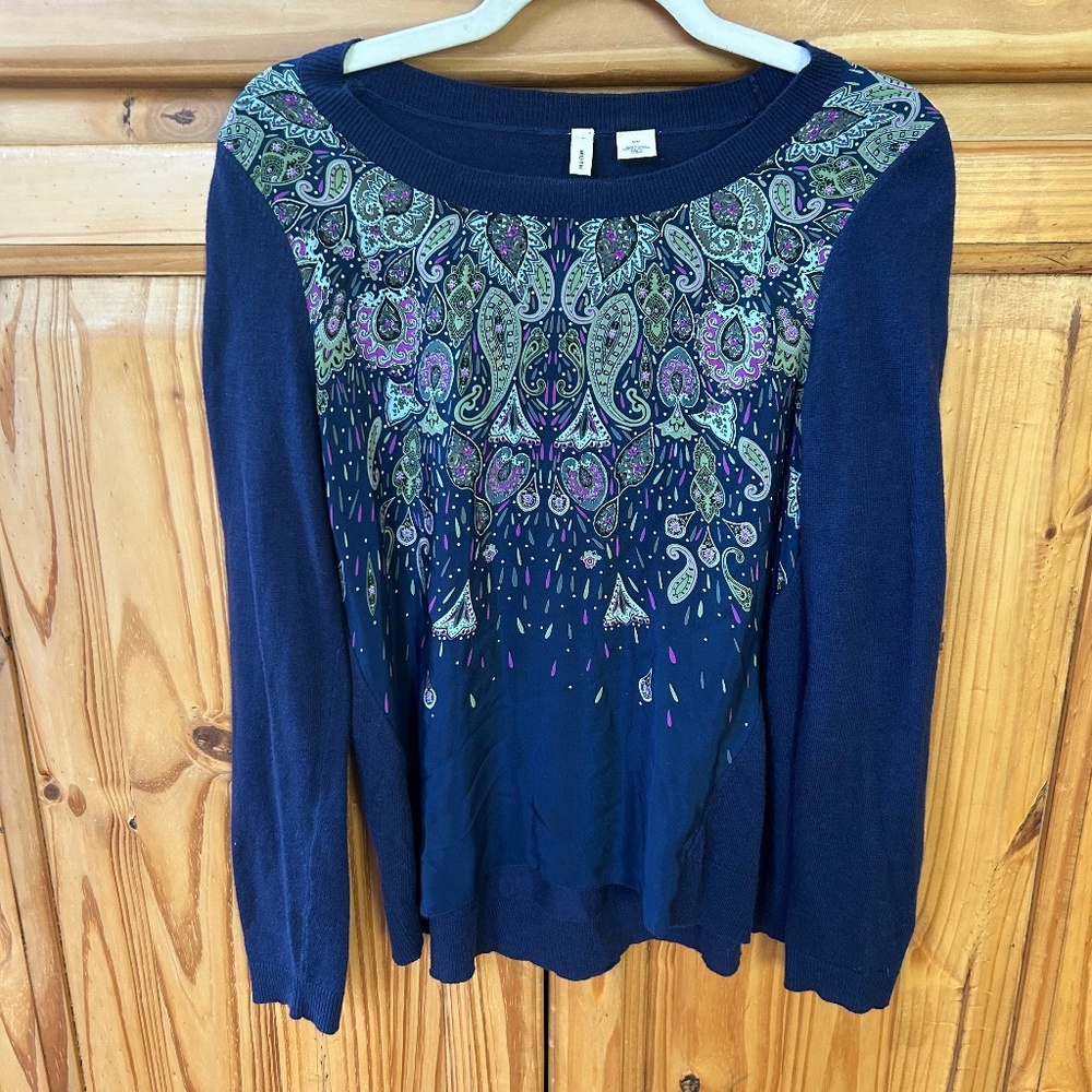 Anthropologie‎ Moth Paisley Print Sweater Cotton Blend Silk Front Blue Women's M